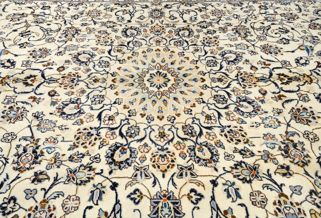 Vintage Cream Traditional 9X13 Kashan Persian Rug - 8