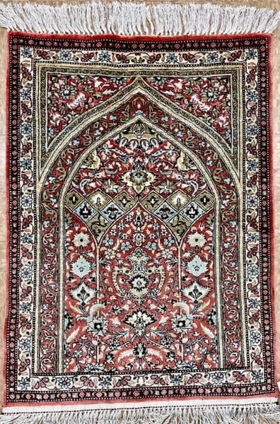 Hand-Knotted Persian Qum 100% Silk Semi-Antique Islamic Prayer Oriental Rug 2'2"x2'10" - 8