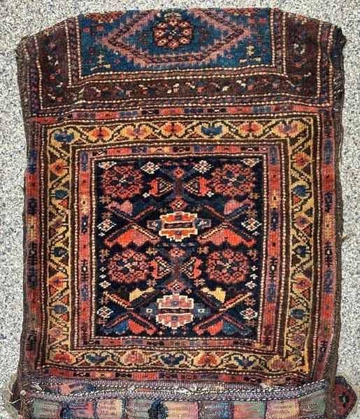 Hand-Knotted Antique Persian Farahan Tribal Double Saddle Bag Wool Rug 1'9" x 4'3" - 12
