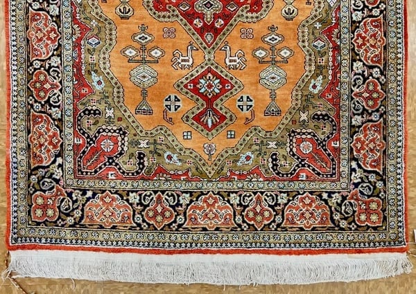 Hand-Knotted Persian Qum 100% Silk Semi-Antique Gold Oriental Rug 2'8" x 4'3" - 2