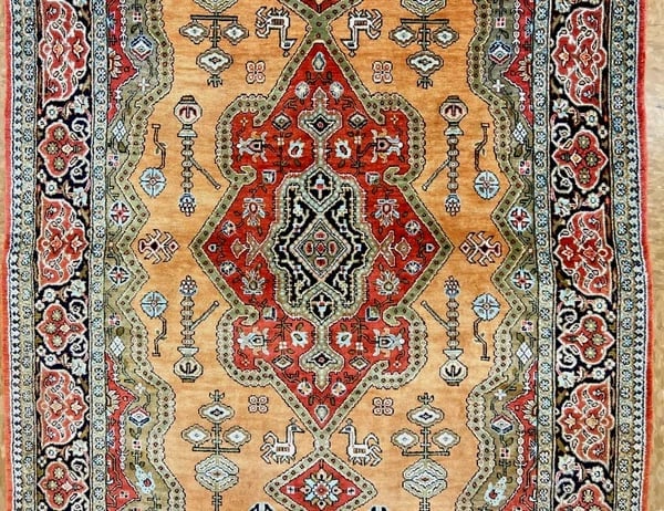 Hand-Knotted Persian Qum 100% Silk Semi-Antique Gold Oriental Rug 2'8" x 4'3" - 3