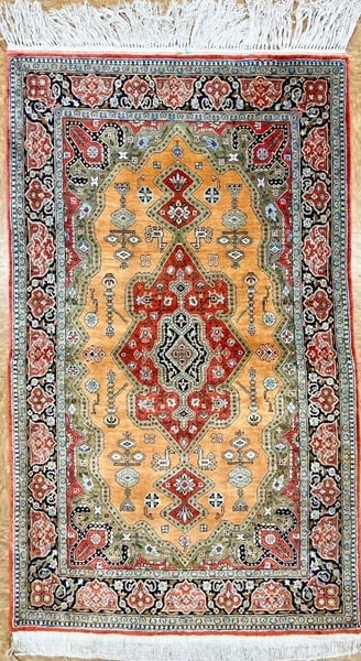 Hand-Knotted Persian Qum 100% Silk Semi-Antique Gold Oriental Rug 2'8" x 4'3" - 6