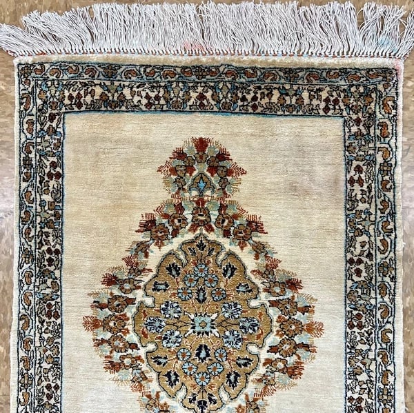 Hand-Knotted Persian Qum 100% Silk Ivory Fine Semi-Antique 1970s Oriental Rug 2'1" x 3' - 4