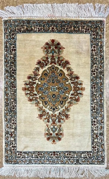Hand-Knotted Persian Qum 100% Silk Ivory Fine Semi-Antique 1970s Oriental Rug 2'1" x 3' - 6