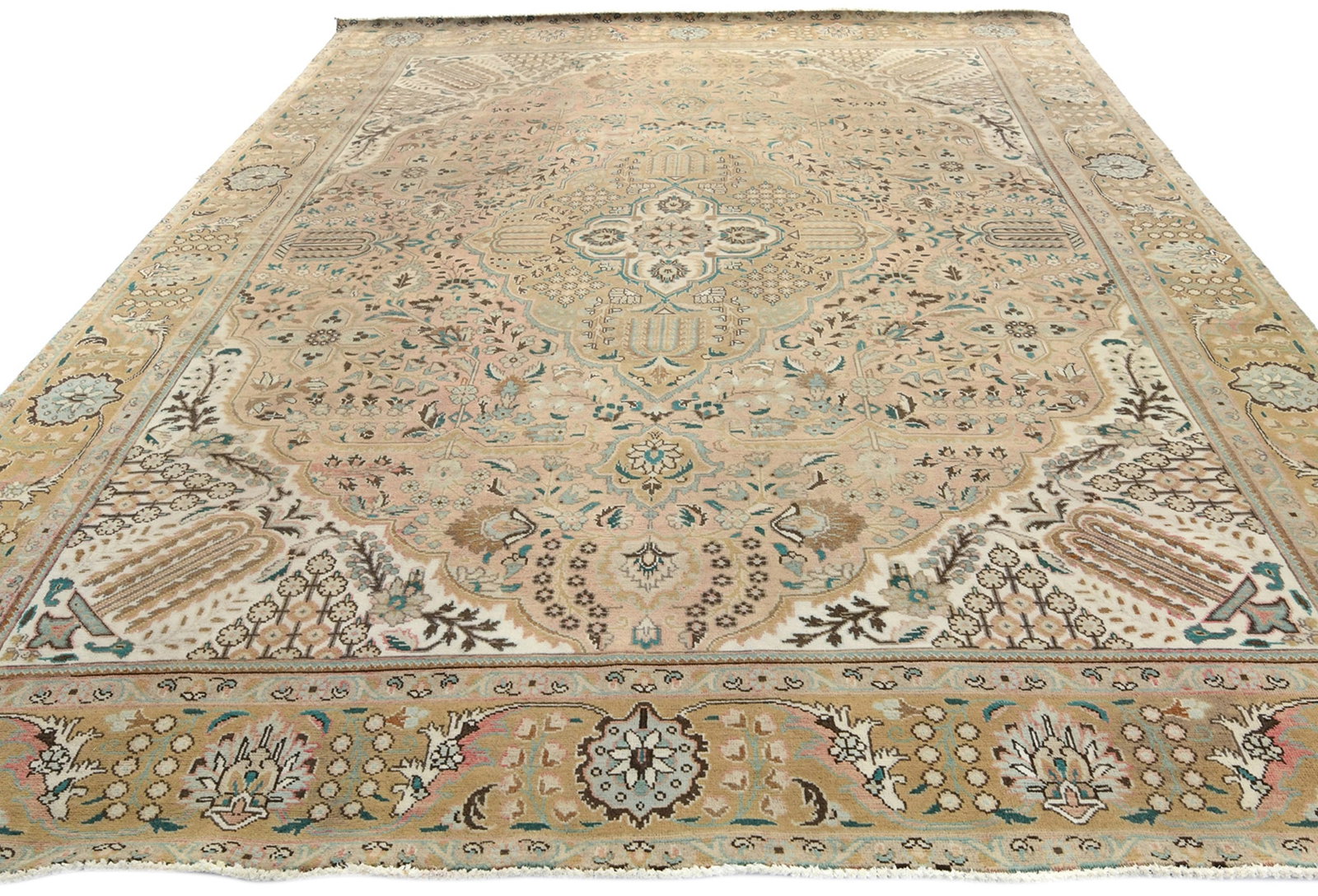 Antique Muted Tan Floral 10X13 Distressed Vintage Oriental Rug - 10
