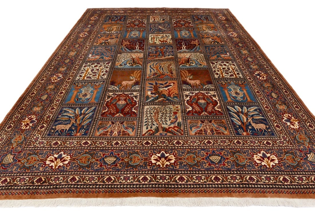 Vintage Khaki Pictorial 10X13 Kashmar Persian Rug - 3
