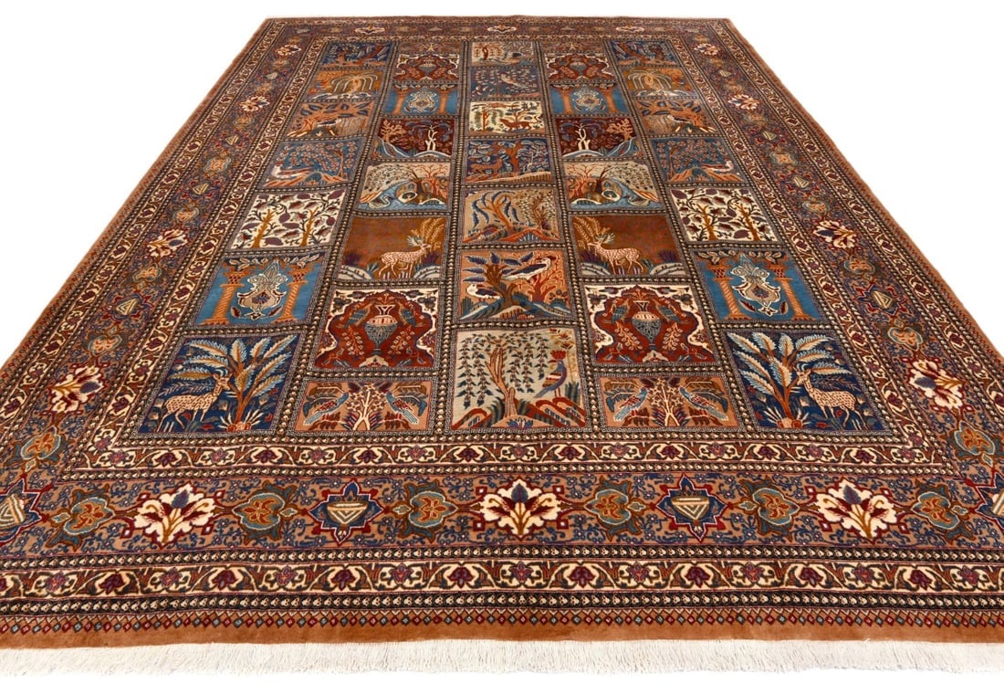 Vintage Khaki Pictorial 10X13 Kashmar Persian Rug - 4