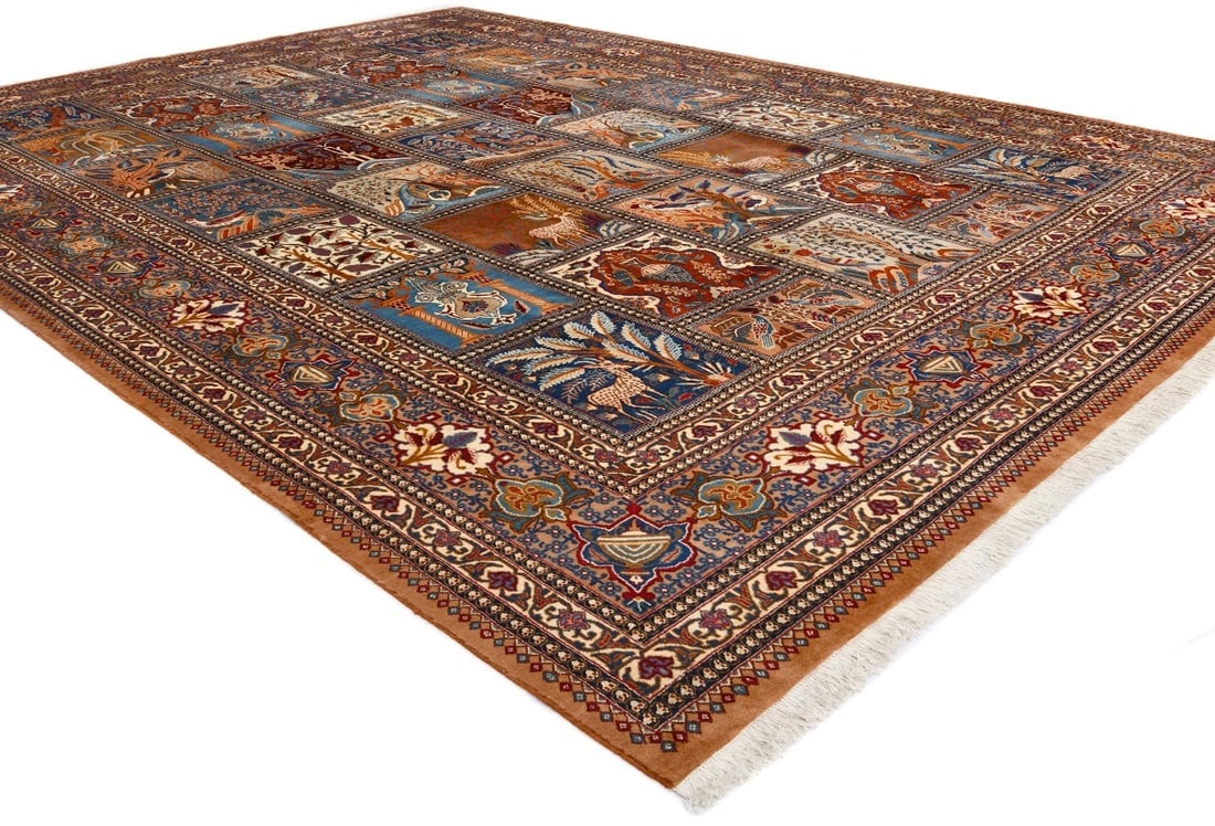 Vintage Khaki Pictorial 10X13 Kashmar Persian Rug - 5