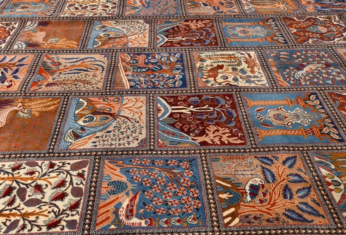 Vintage Khaki Pictorial 10X13 Kashmar Persian Rug - 8
