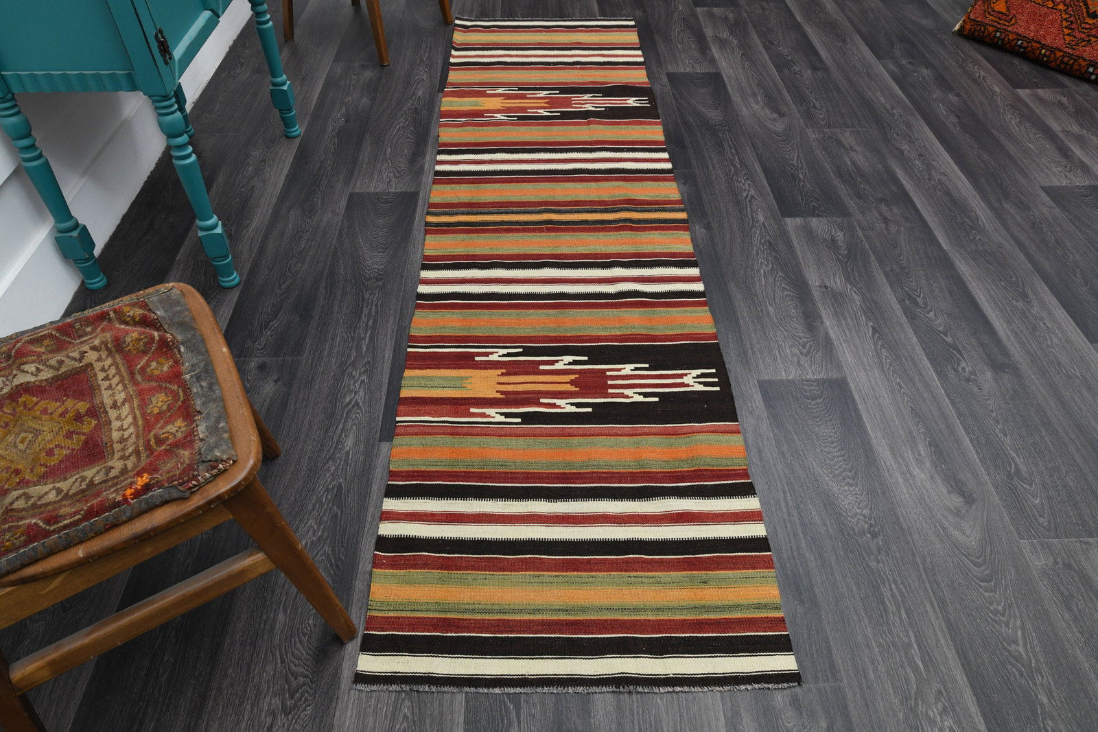 2.3x8.6 ft, TURKISH Rug Runner: Title: 2.3x8.6 ft, TURKISH Rug Runner Description: This Turkish one-of-a-kind Vintage Flatweave Kilim Rug is hand-knotted and handwoven by the most skilled artisans who use pure wool, in vibrant, natu