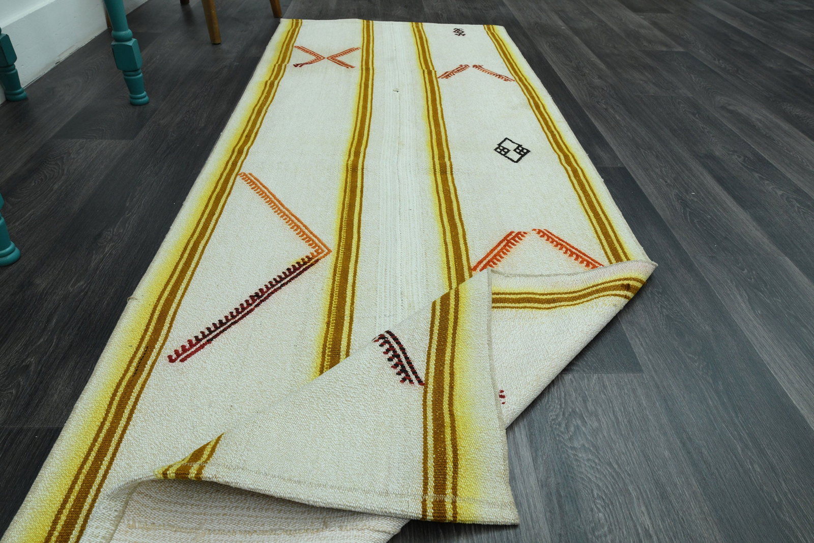 3x8.1 Ft, TURKISH Rug: Title: 3x8.1 Ft, TURKISH Rug Description: This Turkish one-of-a-kind Vintage Flatweave Kilim Rug is hand-knotted and handwoven by the most skilled artisans who use pure wool, in vibrant, natural