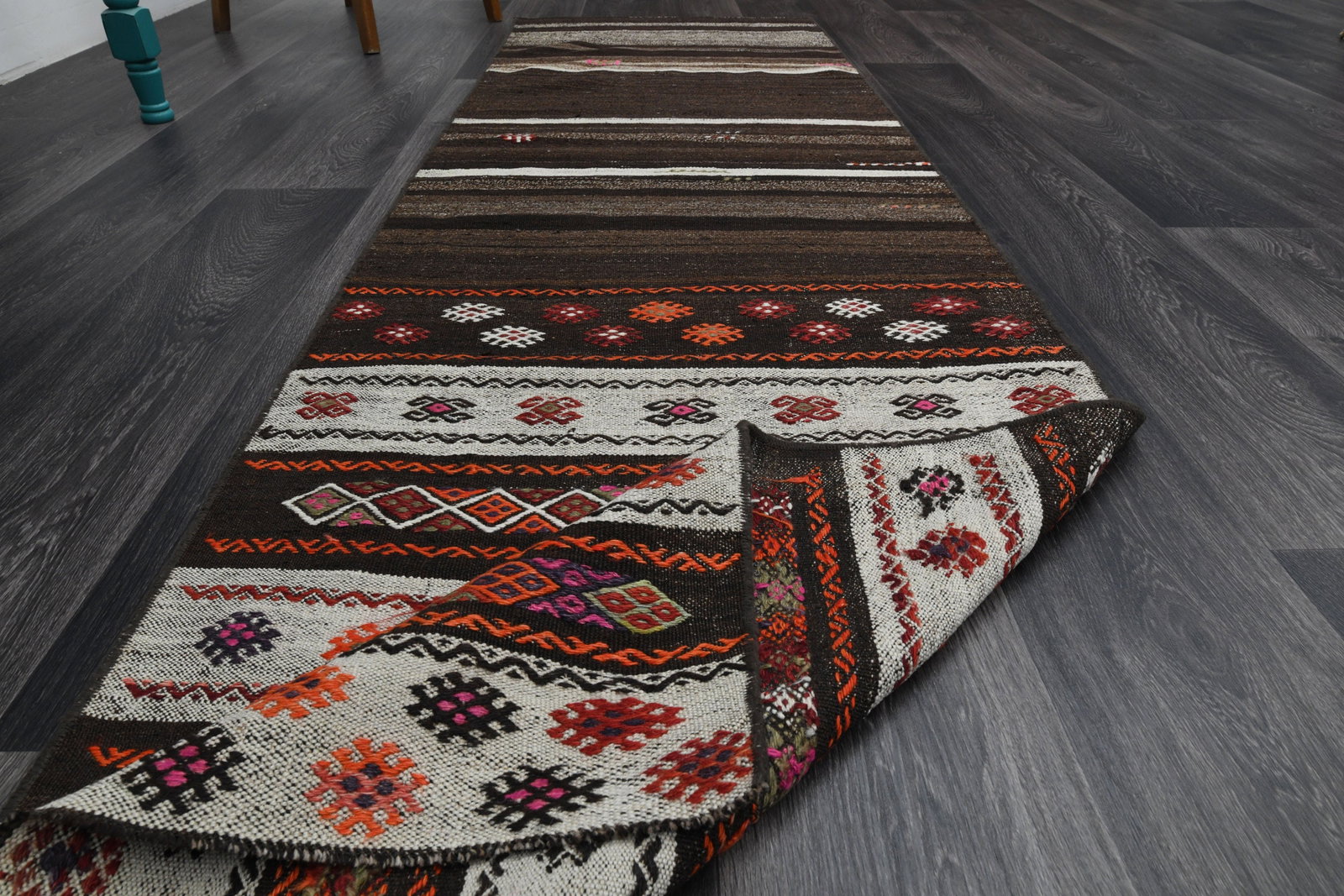 2.4x8.3 ft, TURKISH Runner: Title: 2.4x8.3 ft, TURKISH Runner Description: This Turkish one-of-a-kind Vintage Flatweave Kilim Rug is hand-knotted and handwoven by the most skilled artisans who use pure wool, in vibrant, natural 