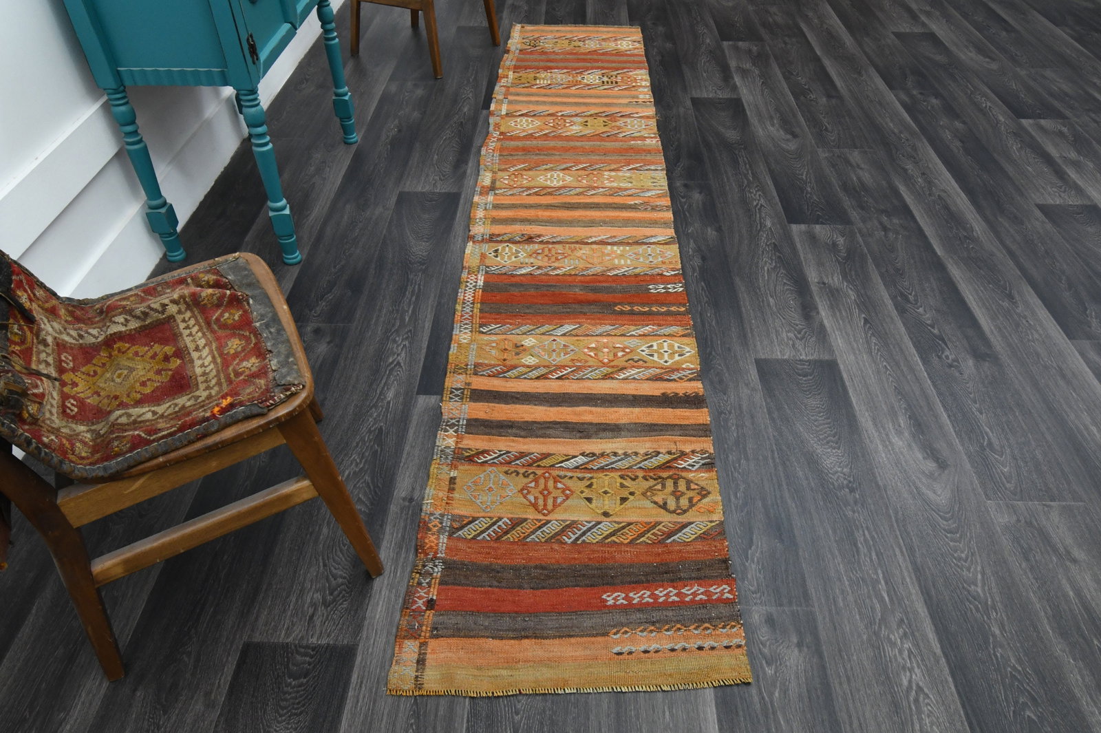 2x10.1 ft, TURKISH KILIM Runner: Title: 2x10.1 ft, TURKISH KILIM Runner Description: This Turkish one-of-a-kind Vintage Flatweave Kilim Rug is hand-knotted and handwoven by the most skilled artisans who use pure wool, in vibrant, nat