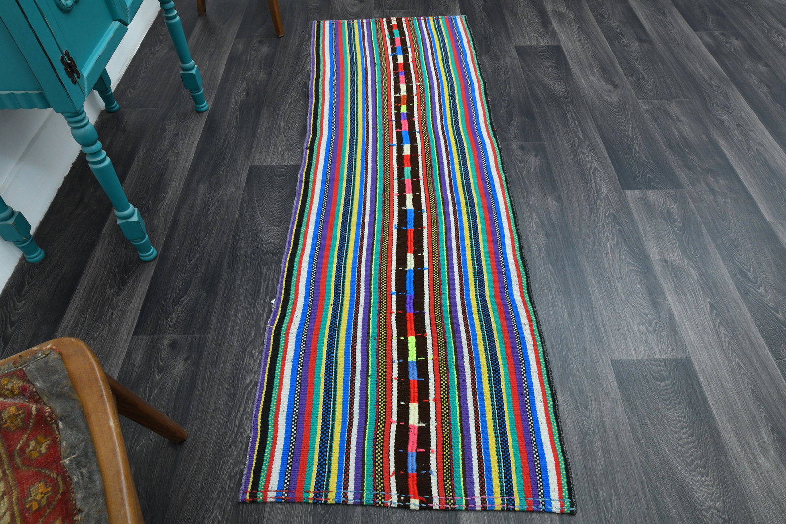2.3x6.8 ft, TURKISH KILIM Runner: Title: 2.3x6.8 ft, TURKISH KILIM Runner Description: This Turkish one-of-a-kind Vintage Flatweave Kilim Rug is hand-knotted and handwoven by the most skilled artisans who use pure wool, in vibrant, na