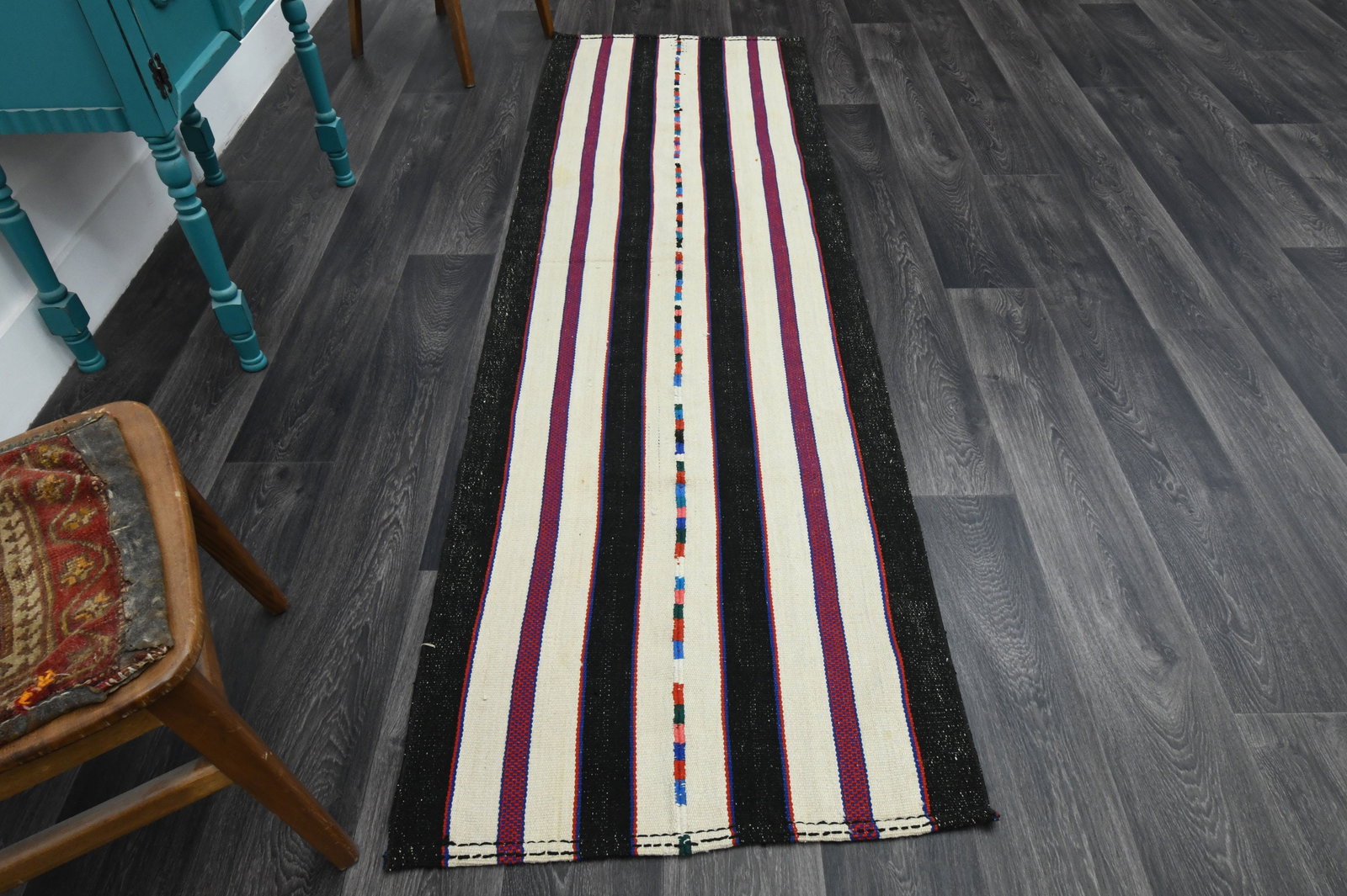 2.7x8.5 ft, TURKISH KILIM Runner: Title: 2.7x8.5 ft, TURKISH KILIM Runner Description: This Turkish one-of-a-kind Vintage Flatweave Kilim Rug is hand-knotted and handwoven by the most skilled artisans who use pure wool, in vibrant, na