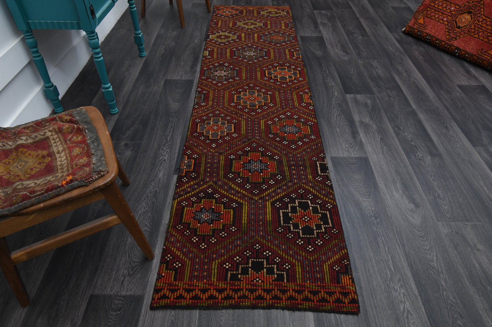 2.4x9.7 ft, TURKISH KILIM Runner: Title: 2.4x9.7 ft, TURKISH KILIM Runner Description: This Turkish one-of-a-kind Vintage Flatweave Kilim Rug is hand-knotted and handwoven by the most skilled artisans who use pure wool, in vibrant, na
