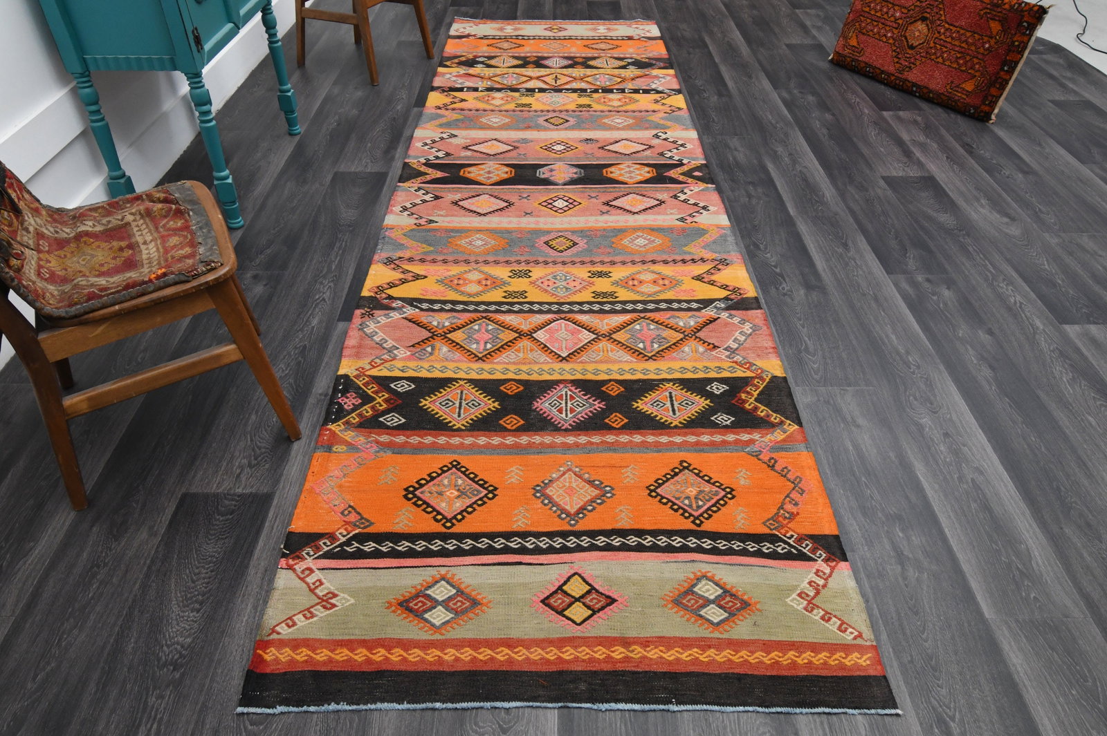 3.7x12.5 ft, TURKISH KILIM Runner: Title: 3.7x12.5 ft, TURKISH KILIM Runner Description: This Turkish one-of-a-kind Vintage Flatweave Kilim Rug is hand-knotted and handwoven by the most skilled artisans who use pure wool, in vibrant, n