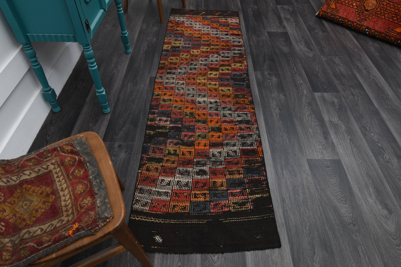 2.3x8 ft, TURKISH KILIM Runner: Title: 2.3x8 ft, TURKISH KILIM Runner Description: This Turkish one-of-a-kind Vintage Flatweave Kilim Rug is hand-knotted and handwoven by the most skilled artisans who use pure wool, in vibrant, natu