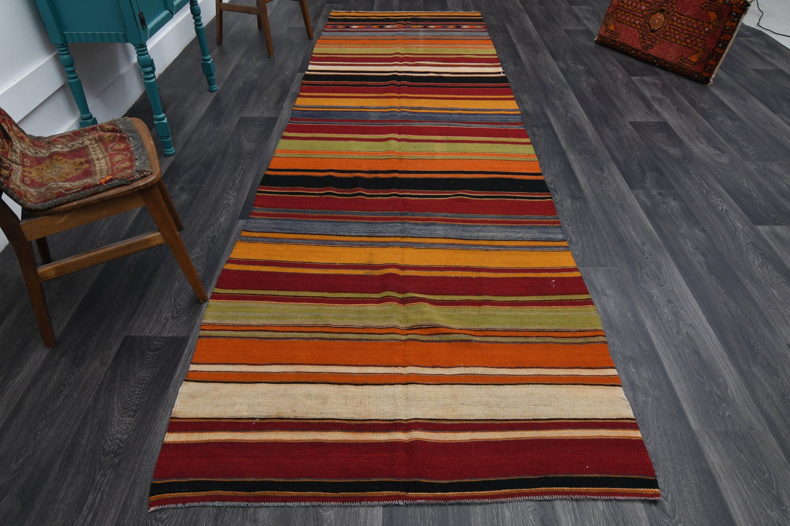 4.1x12.7 ft, TURKISH KILIM Runner: Title: 4.1x12.7 ft, TURKISH KILIM Runner Description: This Turkish one-of-a-kind Vintage Flatweave Kilim Rug is hand-knotted and handwoven by the most skilled artisans who use pure wool, in vibrant, n
