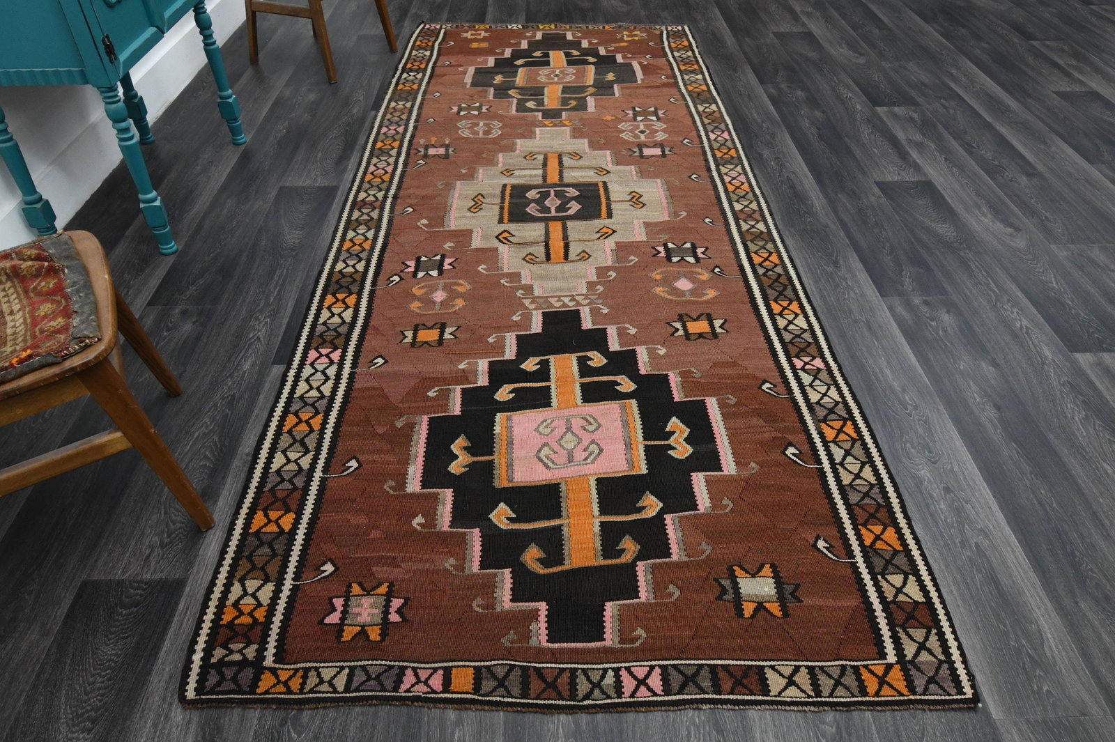 4.5x11.1 ft, Bohemian Kilim Rug Runner: Title: 4.5x11.1 ft, Bohemian Kilim Rug Runner Description: This Turkish one-of-a-kind Vintage Flatweave Kilim Rug is hand-knotted and handwoven by the most skilled artisans who use pure wool, in vibra