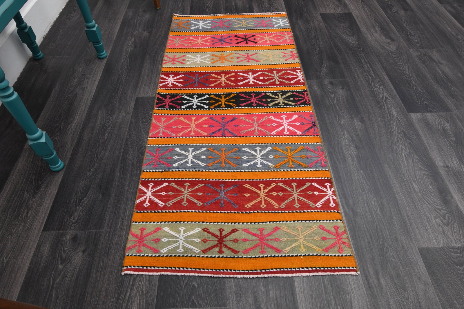 2.3x5.1 ft, SMALL KILIM RUNNER: Title: 2.3x5.1 ft, SMALL KILIM RUNNER Description: This Turkish one-of-a-kind Vintage Flatweave Kilim Rug is hand-knotted and handwoven by the most skilled artisans who use pure wool, in vibrant, natu