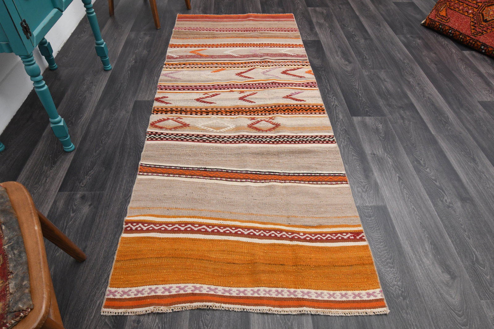 3.1x7.8 ft, TURKISH KILIM Runner: Title: 3.1x7.8 ft, TURKISH KILIM Runner Description: This Turkish one-of-a-kind Vintage Flatweave Kilim Rug is hand-knotted and handwoven by the most skilled artisans who use pure wool, in vibrant, na