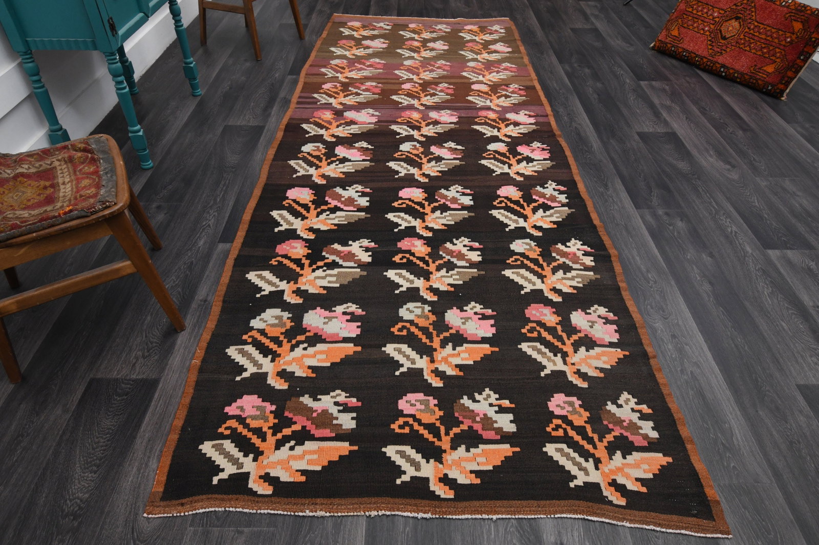 4.4x11.6 ft, TURKISH KILIM Runner: Title: 4.4x11.6 ft, TURKISH KILIM Runner Description: This Turkish one-of-a-kind Vintage Flatweave Kilim Rug is hand-knotted and handwoven by the most skilled artisans who use pure wool, in vibrant, n