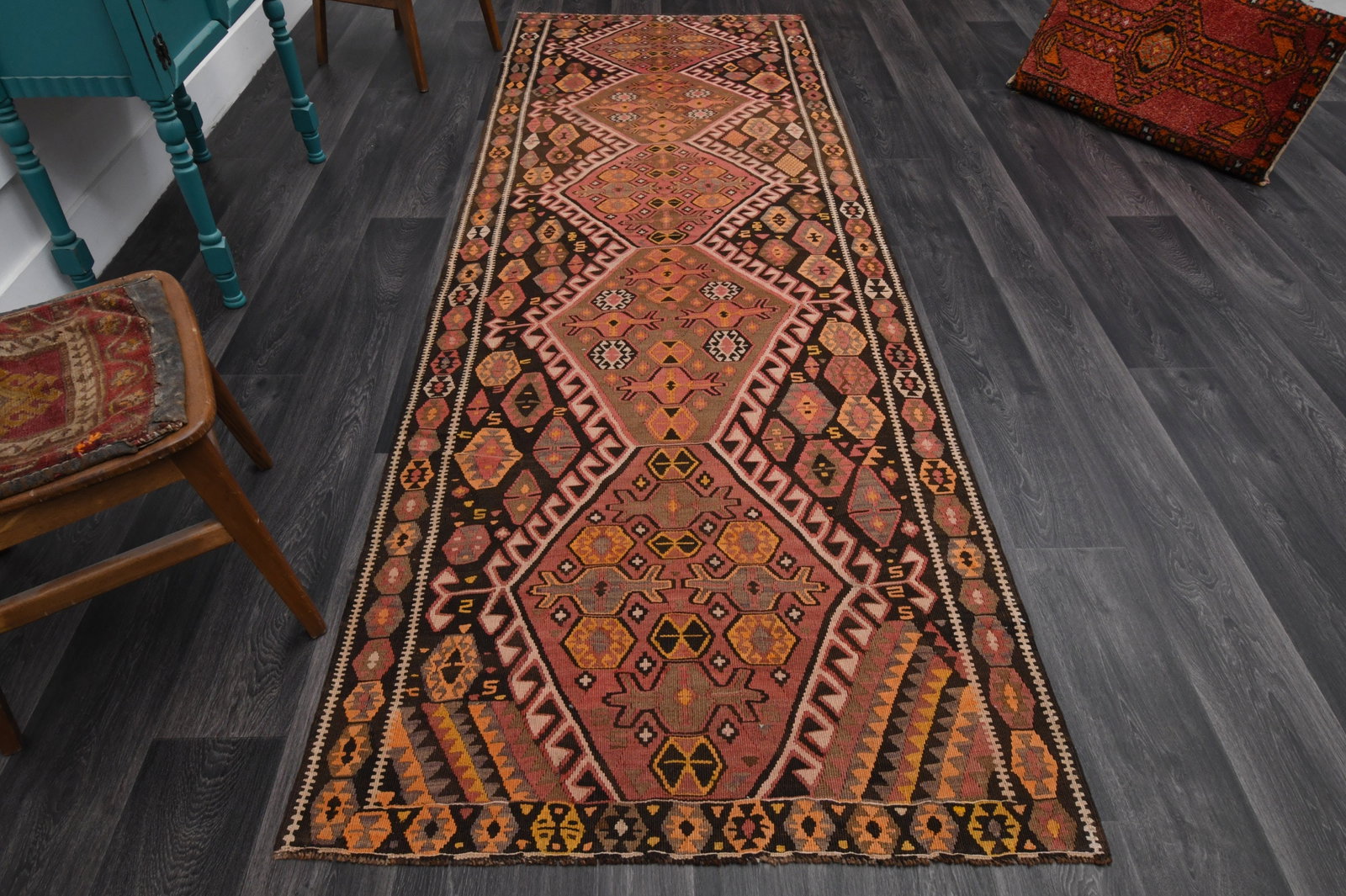 3.7x10.7 ft, TURKISH KILIM Runner: Title: 3.7x10.7 ft, TURKISH KILIM Runner Description: This Turkish one-of-a-kind Vintage Flatweave Kilim Rug is hand-knotted and handwoven by the most skilled artisans who use pure wool, in vibrant, n