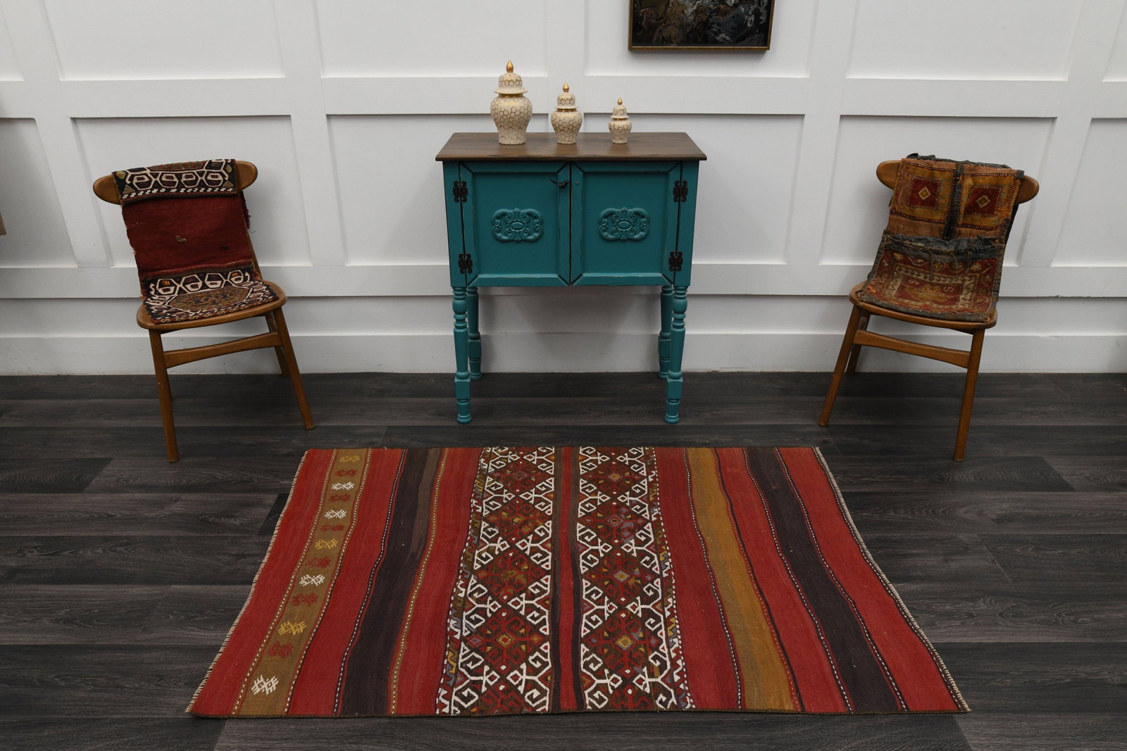 3.4x5.3 ft, TURKISH KILIM Rug: Title: 3.4x5.3 ft, TURKISH KILIM Rug Description: This Turkish one-of-a-kind Vintage Flatweave Kilim Rug is hand-knotted and handwoven by the most skilled artisans who use pure wool, in vibrant, natur
