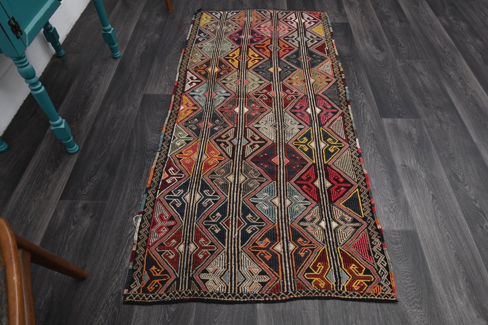3x6.3 ft VINTAGE Rug, Turkish: Title: 3x6.3 ft VINTAGE Rug, Turkish Description: This Turkish one-of-a-kind Vintage Flatweave Kilim Rug is hand-knotted and handwoven by the most skilled artisans who use pure wool, in vibrant, natur
