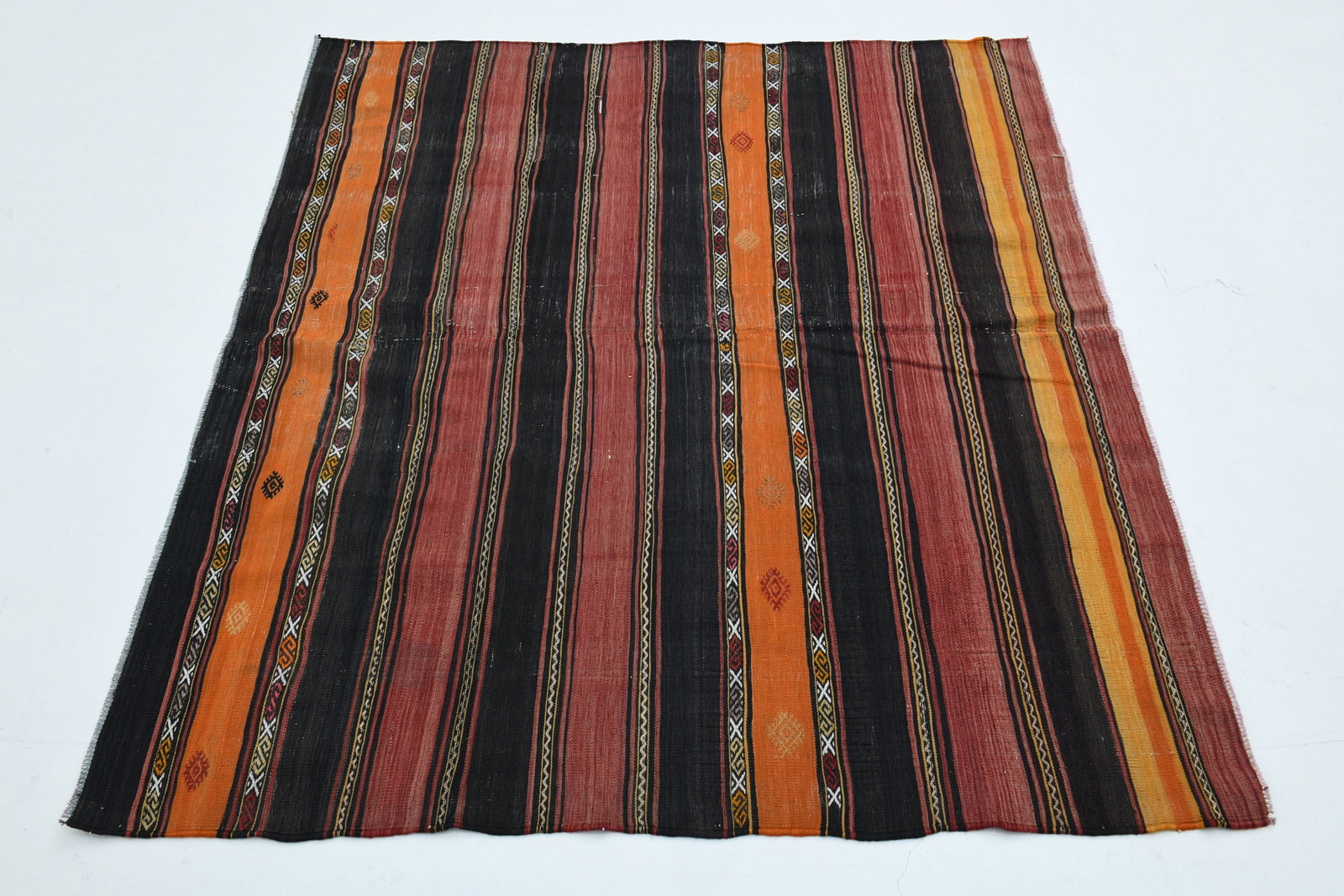 4.7x5.2 ft, COLORFUL, STRIPED, TURKISH Rug: Title: 4.7x5.2 ft, COLORFUL, STRIPED, TURKISH Rug Description: This Turkish one-of-a-kind Vintage Flatweave Kilim Rug is hand-knotted and handwoven by the most skilled artisans who use pure wool, in v