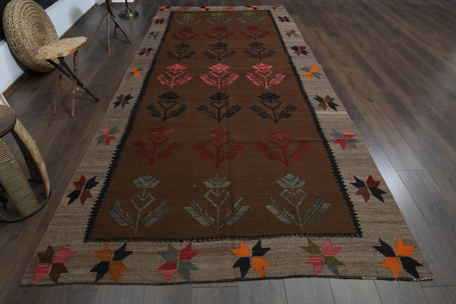 5'6x12'9 ft, BROWN COLORFUL RUG,: Title: 5'6x12'9 ft, BROWN COLORFUL RUG, Description: This Turkish one-of-a-kind Vintage Flatweave Kilim Rug is hand-knotted and handwoven by the most skilled artisans who use pure wool, in vibrant, na