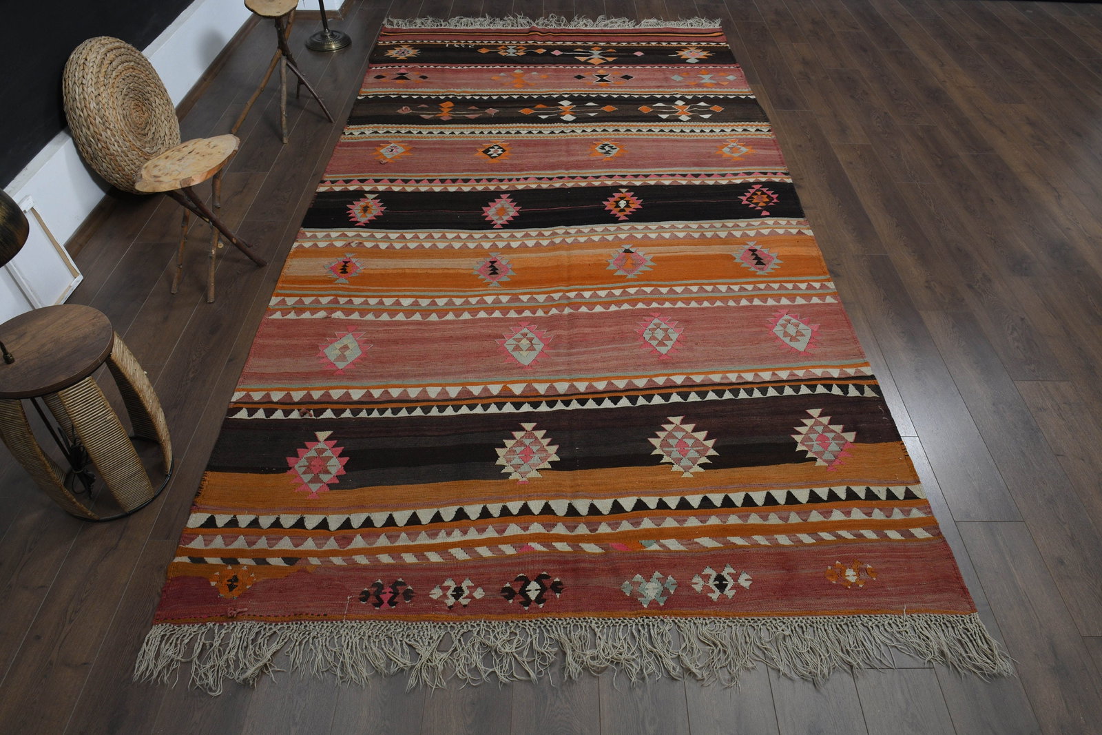 6'5x12'3 ft, TURKISH AREA RUG: Title: 6'5x12'3 ft, TURKISH AREA RUG Description: This Turkish one-of-a-kind Vintage Flatweave Kilim Rug is hand-knotted and handwoven by the most skilled artisans who use pure wool, in vibrant, natur