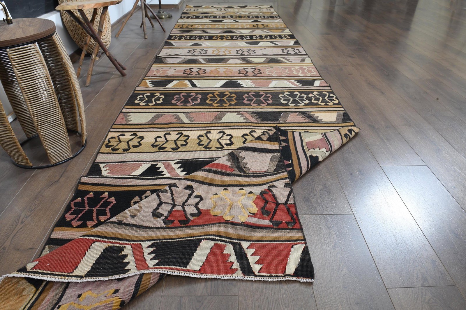 3.7x14.8 ft, ULTRA WIDE RUNNER: Title: 3.7x14.8 ft, ULTRA WIDE RUNNER Description: This Turkish one-of-a-kind Vintage Flatweave Kilim Rug is hand-knotted and handwoven by the most skilled artisans who use pure wool, in vibrant, natu