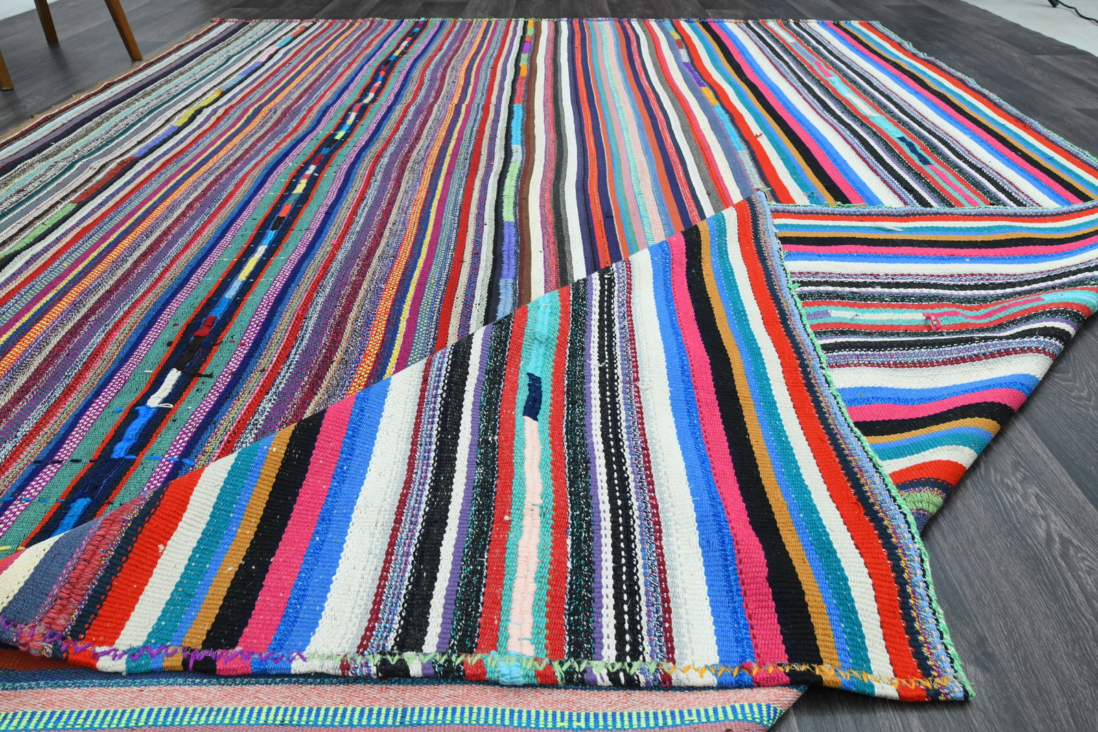9x12 TURKISH KILIM Rug: Title: 9x12 TURKISH KILIM Rug Description: This Turkish one-of-a-kind Vintage Flatweave Kilim Rug is hand-knotted and handwoven by the most skilled artisans who use pure wool, in vibrant, natural tone