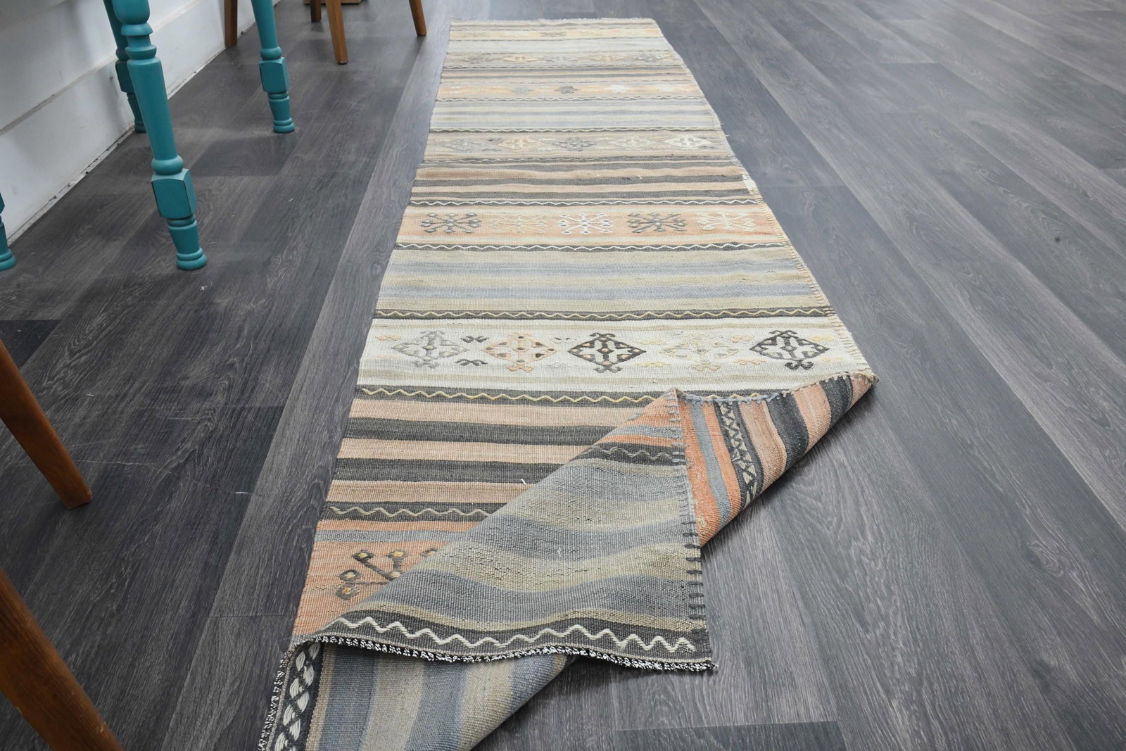 2.4x10.1 ft, STRIPED TURKISH RUNNER: Title: 2.4x10.1 ft, STRIPED TURKISH RUNNER Description: This Turkish one-of-a-kind Vintage Flatweave Kilim Rug is hand-knotted and handwoven by the most skilled artisans who use pure wool, in vibrant,