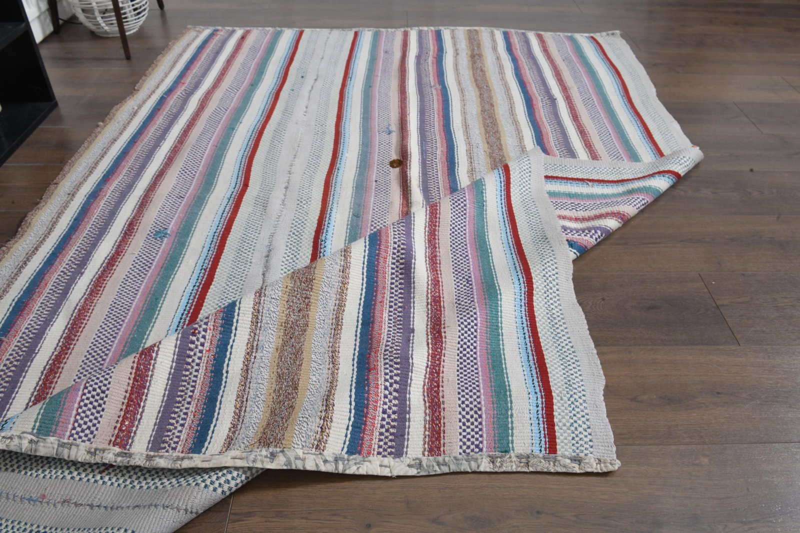 5x7'2 ft, STRIPED KILIM RUG, Turkish: Title: 5x7'2 ft, STRIPED KILIM RUG, Turkish Description: This Turkish one-of-a-kind Vintage Flatweave Kilim Rug is hand-knotted and handwoven by the most skilled artisans who use pure wool, in vibrant