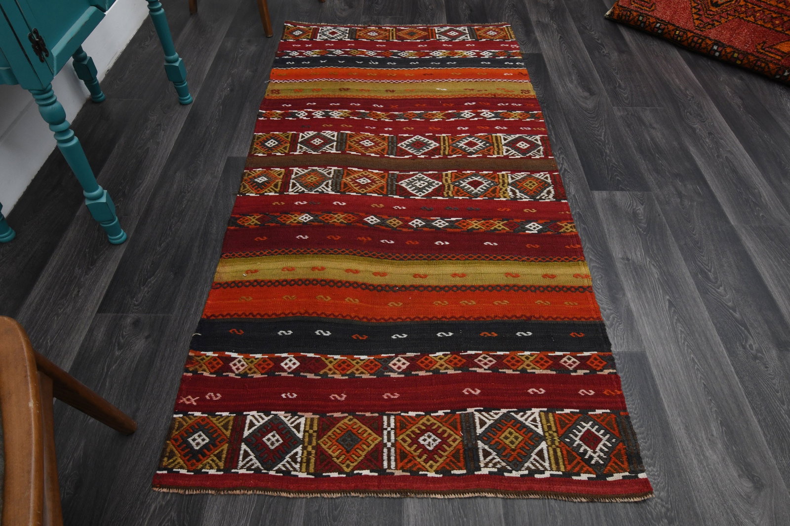 3.3x6.9 ft, TURKISH KILIM Runner, VINTAGE: Title: 3.3x6.9 ft, TURKISH KILIM Runner, VINTAGE Description: This Turkish one-of-a-kind Vintage Flatweave Kilim Rug is hand-knotted and handwoven by the most skilled artisans who use pure wool, in vi