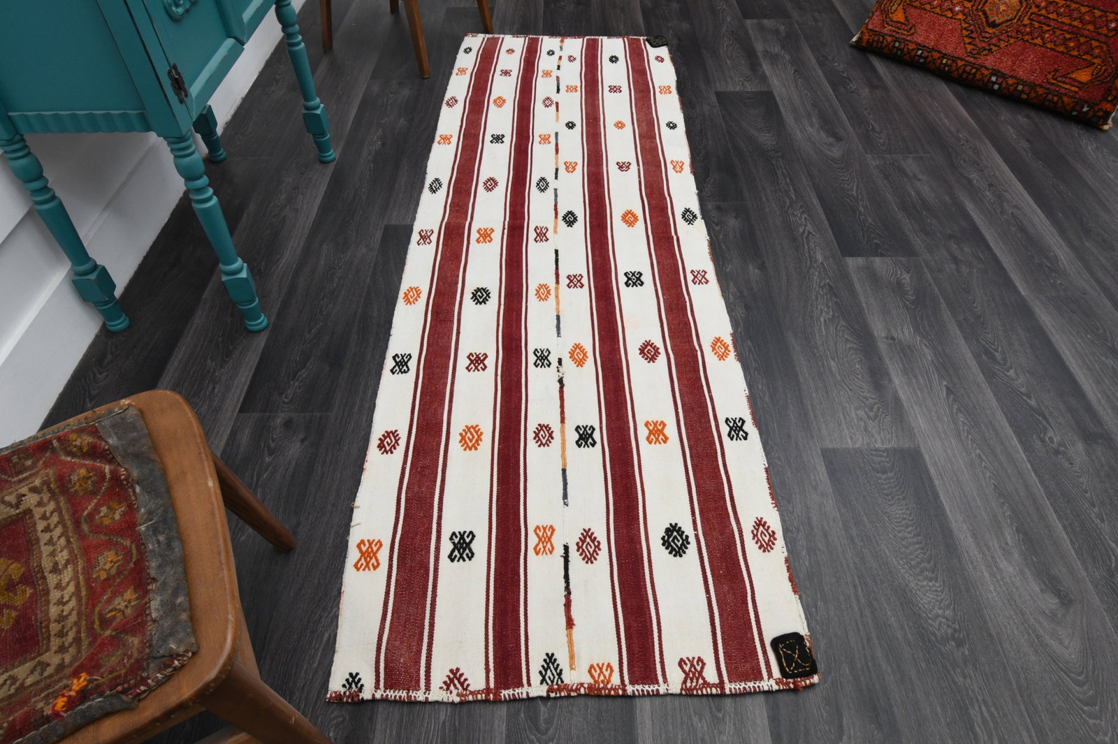 2.6x8 ft, TURKISH KILIM Runner: Title: 2.6x8 ft, TURKISH KILIM Runner Description: This Turkish one-of-a-kind Vintage Flatweave Kilim Rug is hand-knotted and handwoven by the most skilled artisans who use pure wool, in vibrant, natu