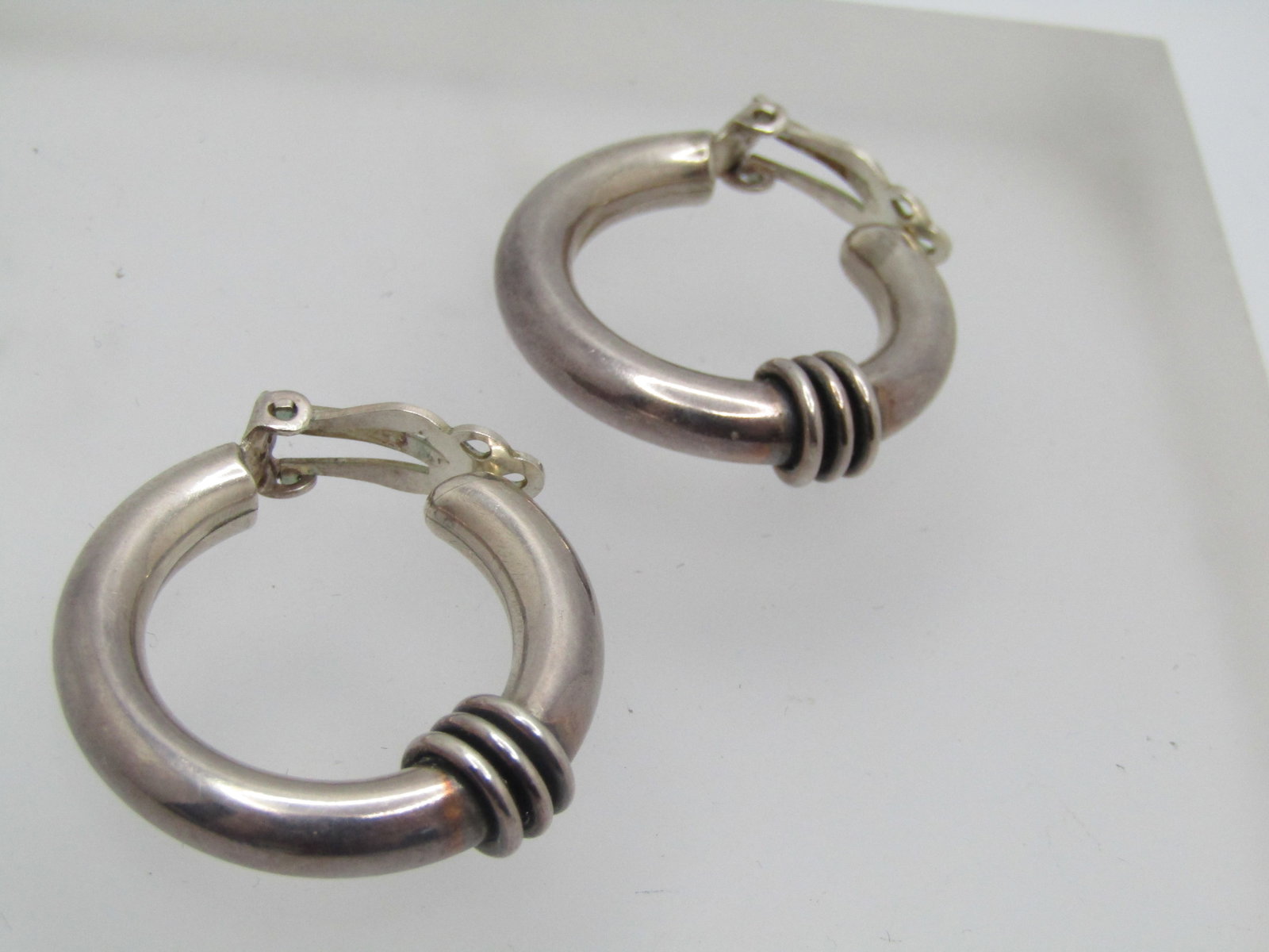Vintage Sterling Hoop Earrings, Clip, Southwestern Vibe, 1-1/8" - 3