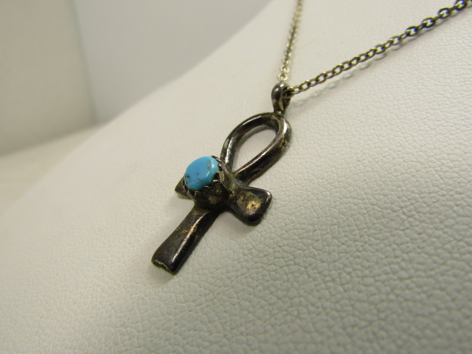 Vintage Sterling Turquoise Ankh Necklace, 18" Silver Plated Chain, 1970's - 2