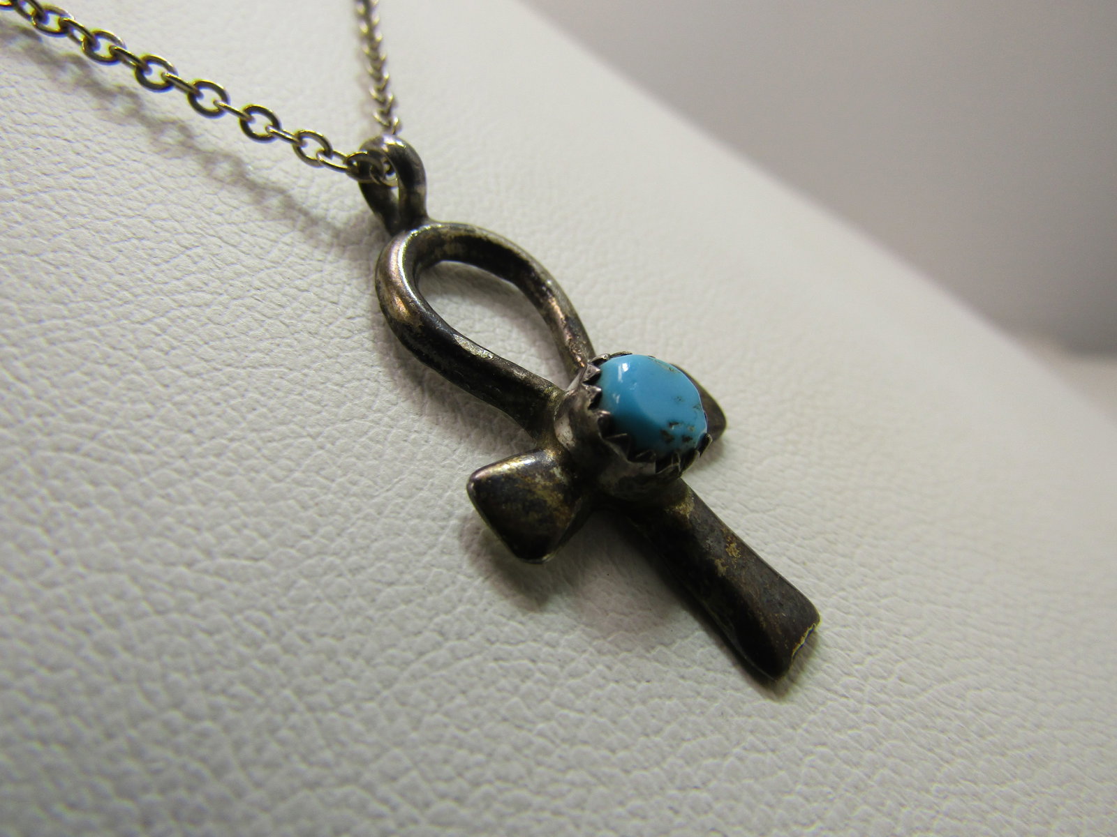 Vintage Sterling Turquoise Ankh Necklace, 18" Silver Plated Chain, 1970's - 3