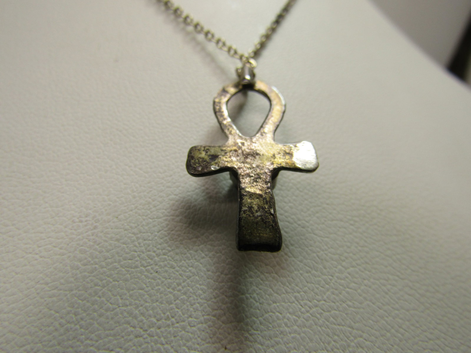 Vintage Sterling Turquoise Ankh Necklace, 18" Silver Plated Chain, 1970's - 4