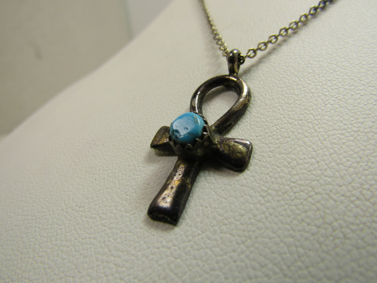 Vintage Sterling Turquoise Ankh Necklace, 18" Silver Plated Chain, 1970's - 5