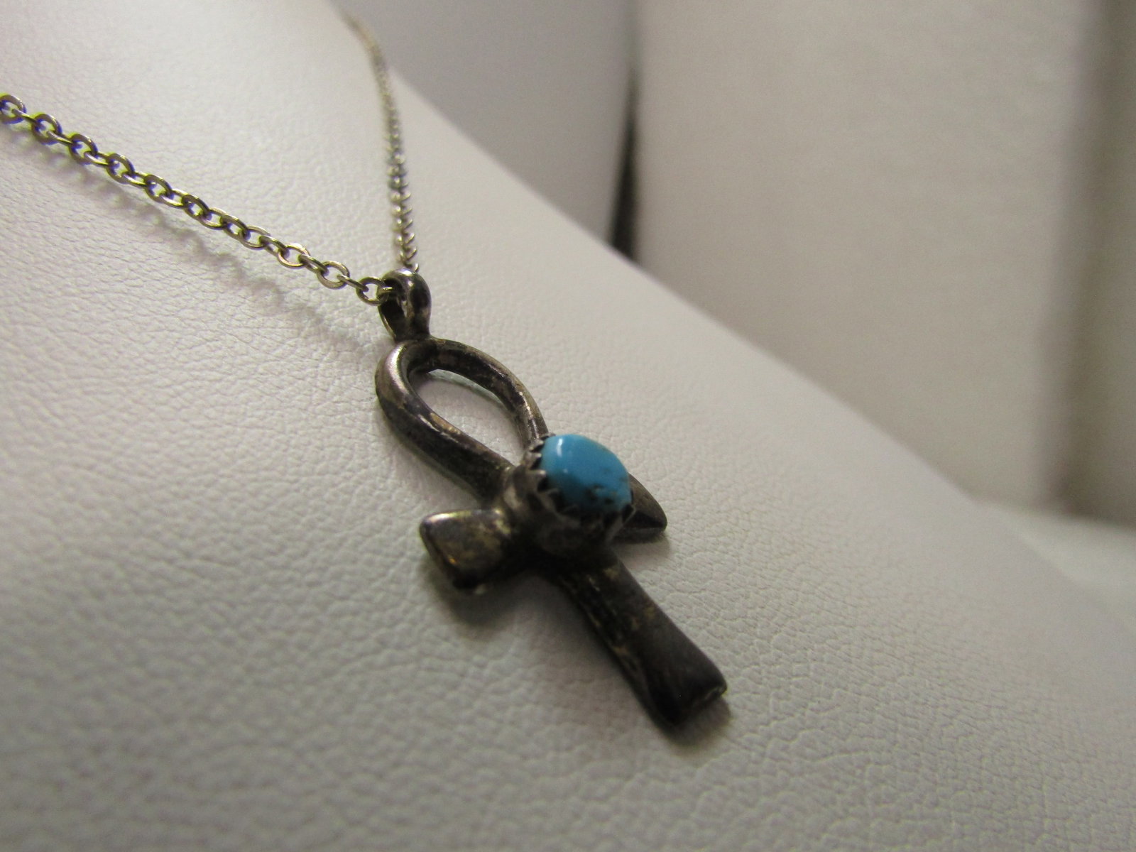 Vintage Sterling Turquoise Ankh Necklace, 18" Silver Plated Chain, 1970's - 6
