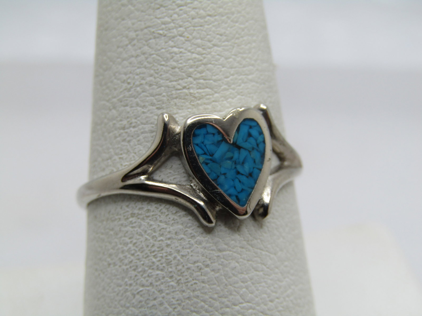 Vintage Southwestern Turquoise Chip Heart Ring, Sz. 9, Silver Plated, 1980's, Signed - 2