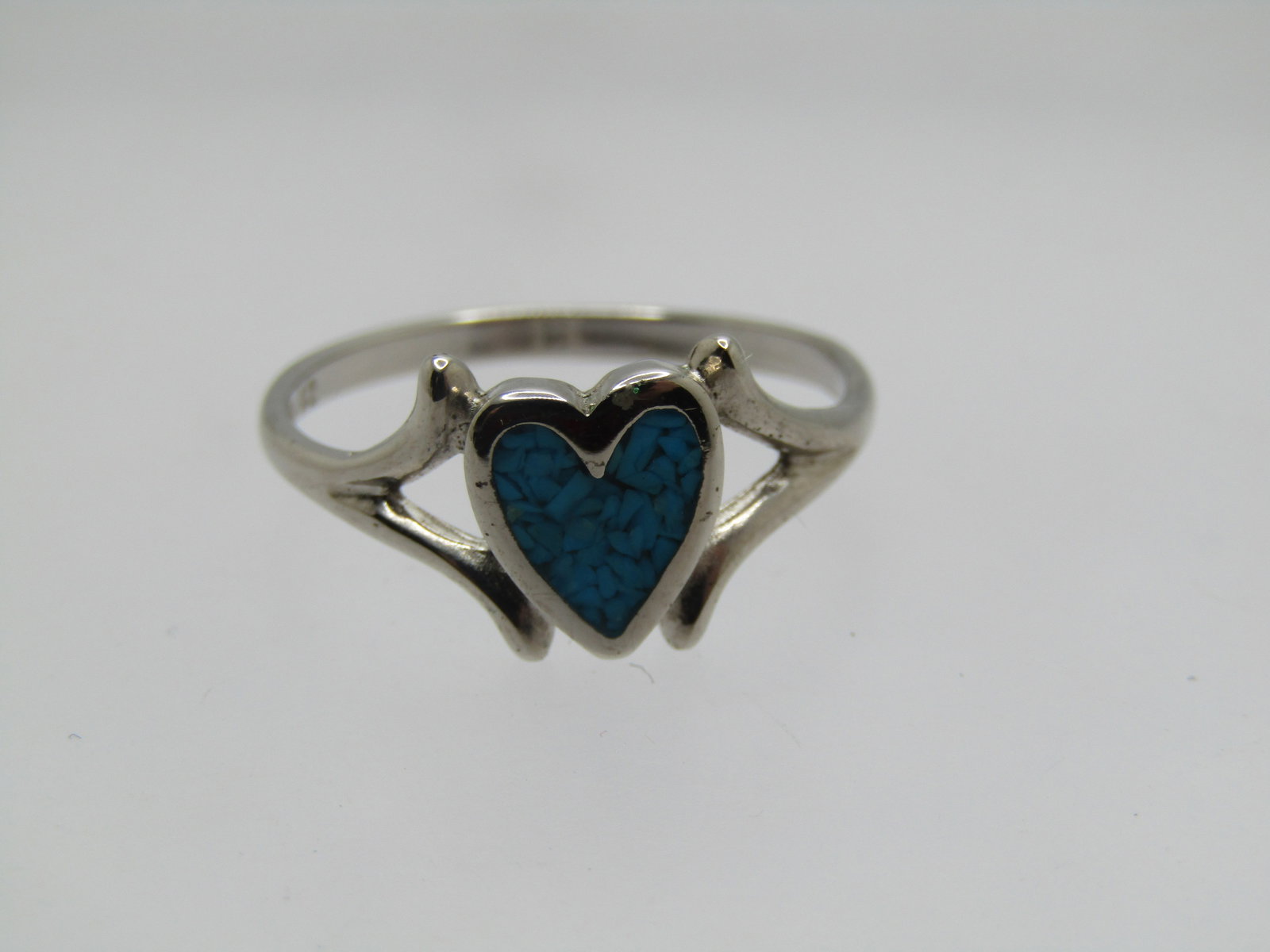 Vintage Southwestern Turquoise Chip Heart Ring, Sz. 9, Silver Plated, 1980's, Signed - 3