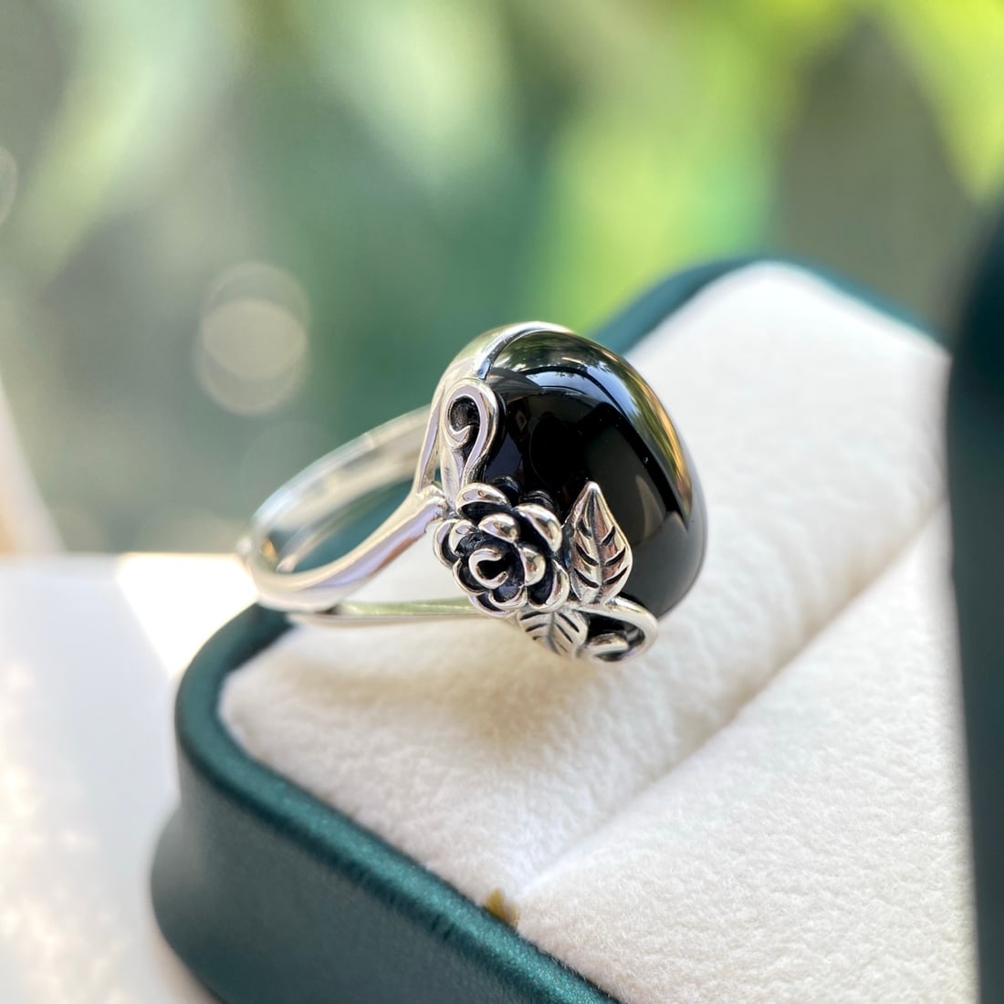 S925 Silver Natural Black Agate Ring - 2