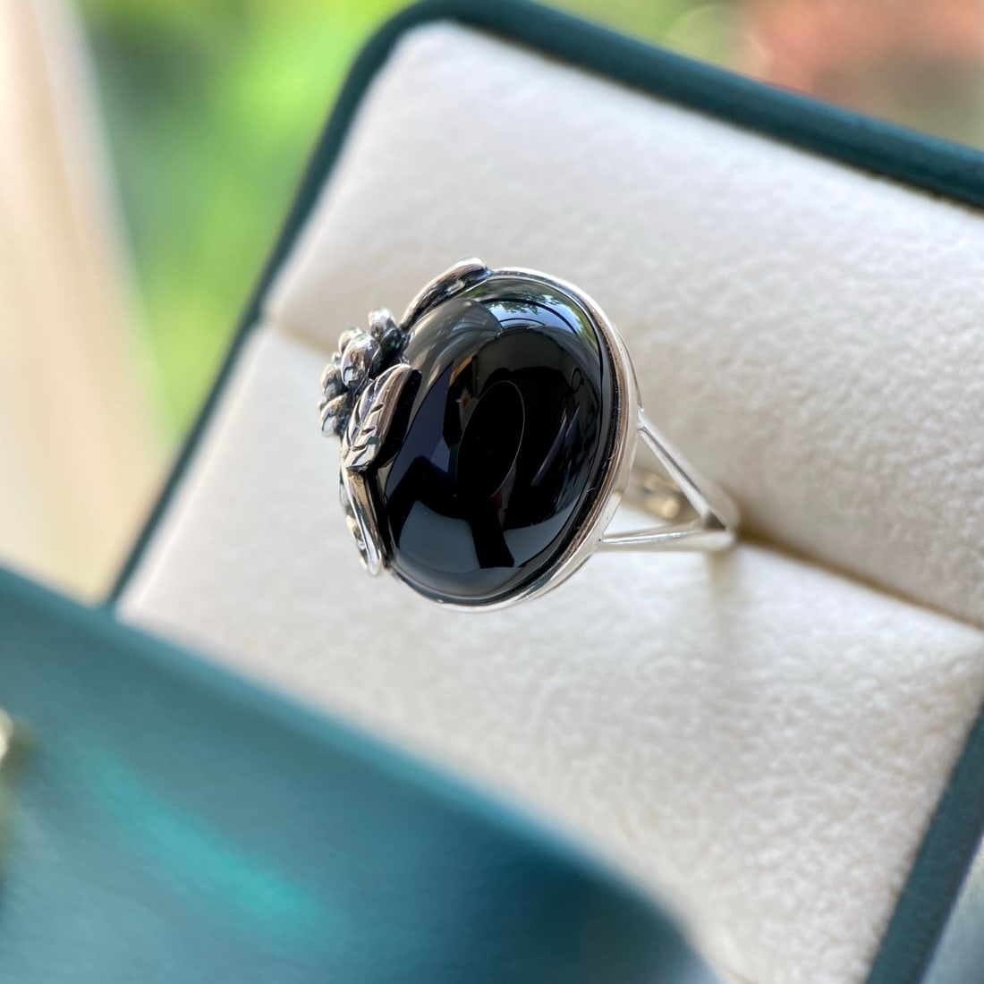 S925 Silver Natural Black Agate Ring - 3