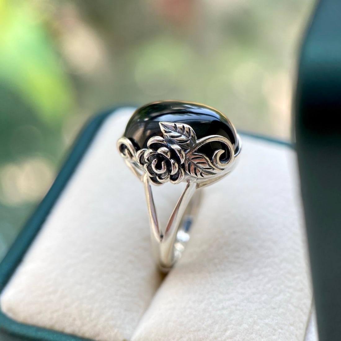 S925 Silver Natural Black Agate Ring - 4